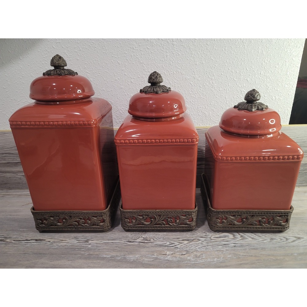 3 Piece Canister GG Collection. Tuscan Red Glaze Scrol Metal Bases.